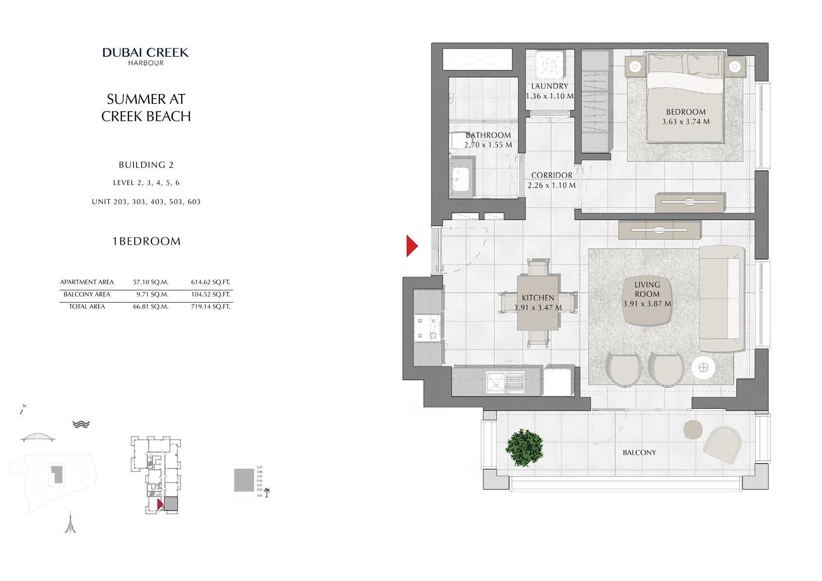 1 Br Building 2 Level-2-3-4-5-6 Unit-203-303-403-503-603, Size 719 Sq Ft